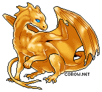 A larger image of a small gold dragon resting on its haunches, with wings half-unfurled. It has a calm expression.