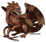 A small brown dragon resting on its haunches, with wings half-unfurled. It has a calm expression.