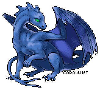 A larger image of a small blue dragon resting on its haunches, with wings half-unfurled. It has a calm expression.