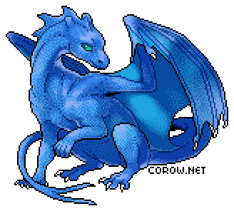 A larger image of a small blue dragon resting on its haunches, with wings half-unfurled. It has a calm expression.