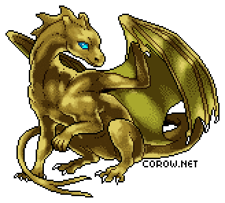 A larger image of a small bronze dragon resting on its haunches, with wings half-unfurled. It has a calm expression.