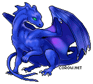 A larger image of a small blue dragon resting on its haunches, with wings half-unfurled. It has a calm expression.