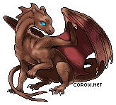 A small brown dragon resting on its haunches, with wings half-unfurled. It has a calm expression.