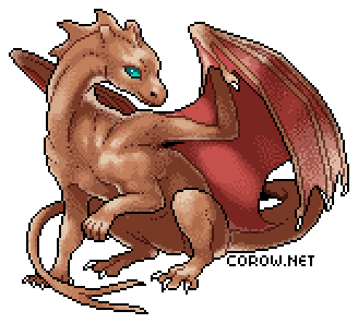A larger image of a small brown dragon resting on its haunches, with wings half-unfurled. It has a calm expression.