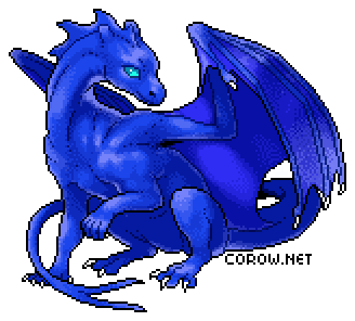 A larger image of a small blue dragon resting on its haunches, with wings half-unfurled. It has a calm expression.