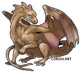A small brown dragon resting on its haunches, with wings half-unfurled. It has a calm expression.