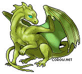 A small green dragon resting on its haunches, with wings half-unfurled. It has a calm expression.