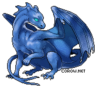 A larger image of a small blue dragon resting on its haunches, with wings half-unfurled. It has a calm expression.