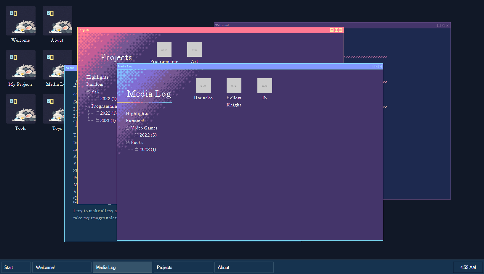 Image showing the desktop view of corow.net under construction. The project/media log browser windows are open and have been made slightly prettier with dithered graphics.