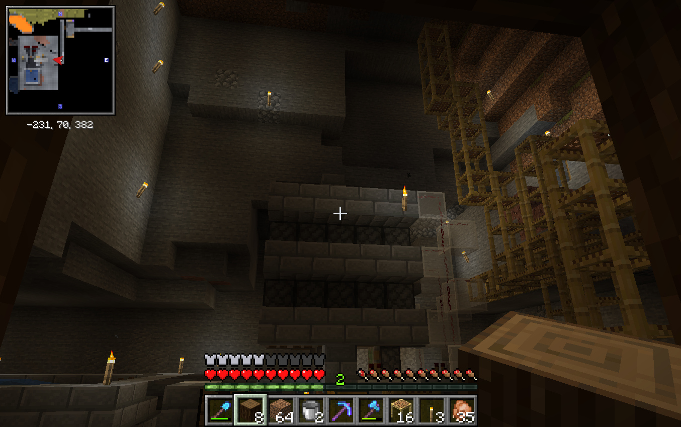 Minecraft screenshot showing the inside of a very large room hollowed out by hand. A contraption that is the core part of an automated tree farm is in the centre. To the right, some scaffolding can be seen extending up to the higher parts of the room.