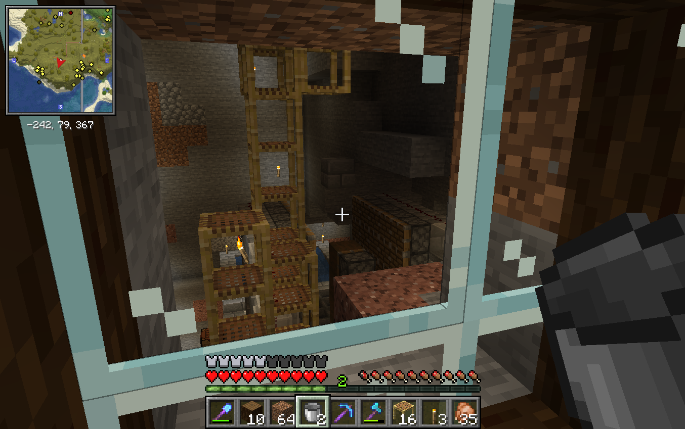 Screenshot showing a view of the tree farm from above, through a window pane. Not much can be seen - scaffolding obscures most of the interior but it will probably look cool later.
