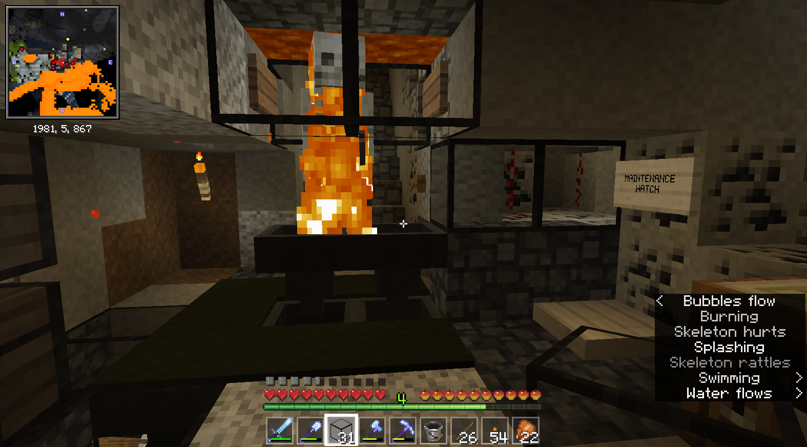 Minecraft screenshot showing a skeleton in a contraption that burns skeletons with lava and collects the drops using hoppers underneath.