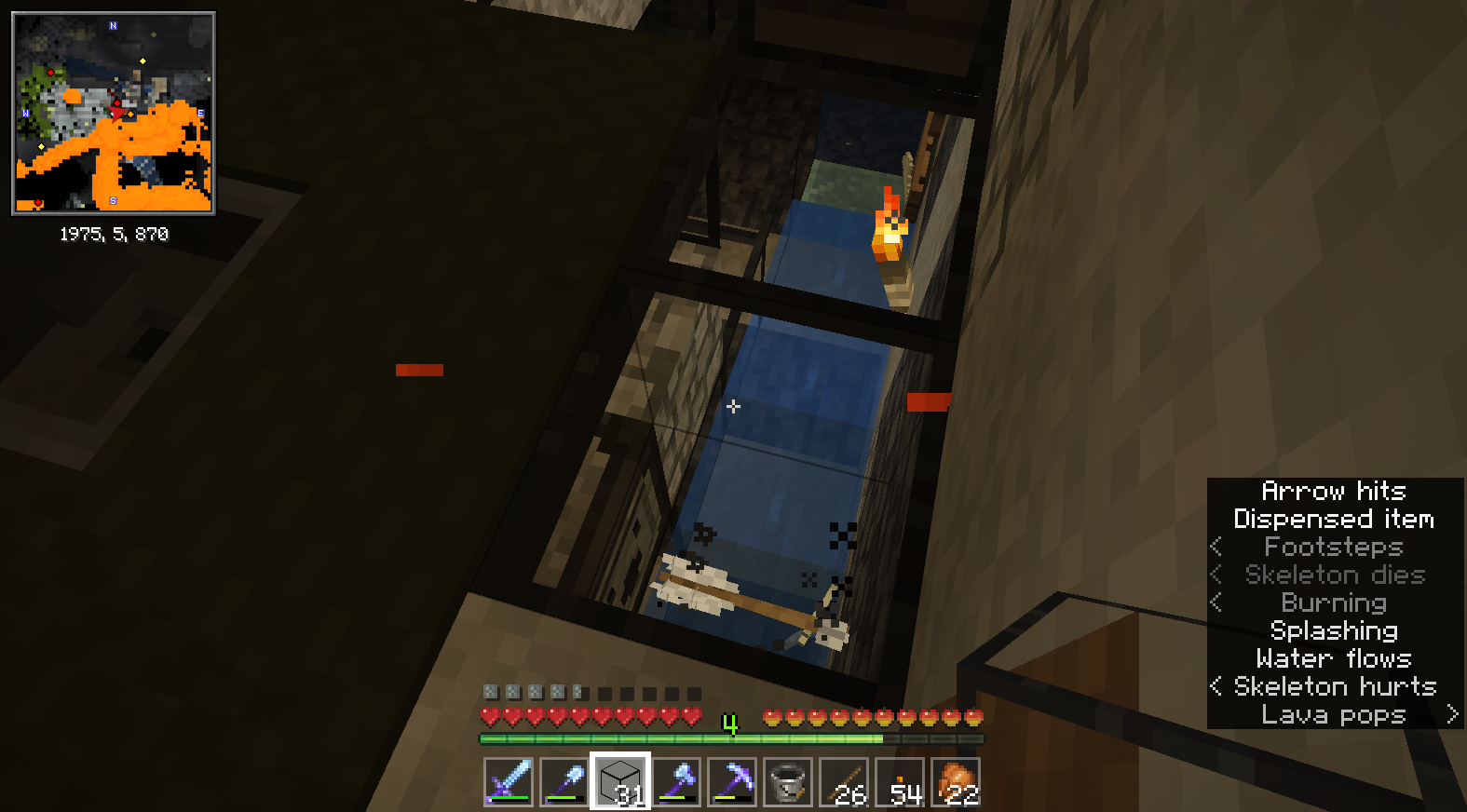 Minecraft screenshot showing the skeleton farm's item sorting mechanic through glass blocks in the ground. A dispenser shoots unwanted arrows into a wall, while desired bones flow along the stream to be collected later.