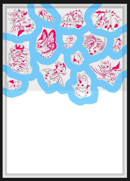 A canvas of small dragon and crystal/gemstone sketches, with thick blue lines running between each object to denote spacing. Solid pink lines are drawn over the sketch to indicate foiled areas. Roughly half of the canvas is empty.