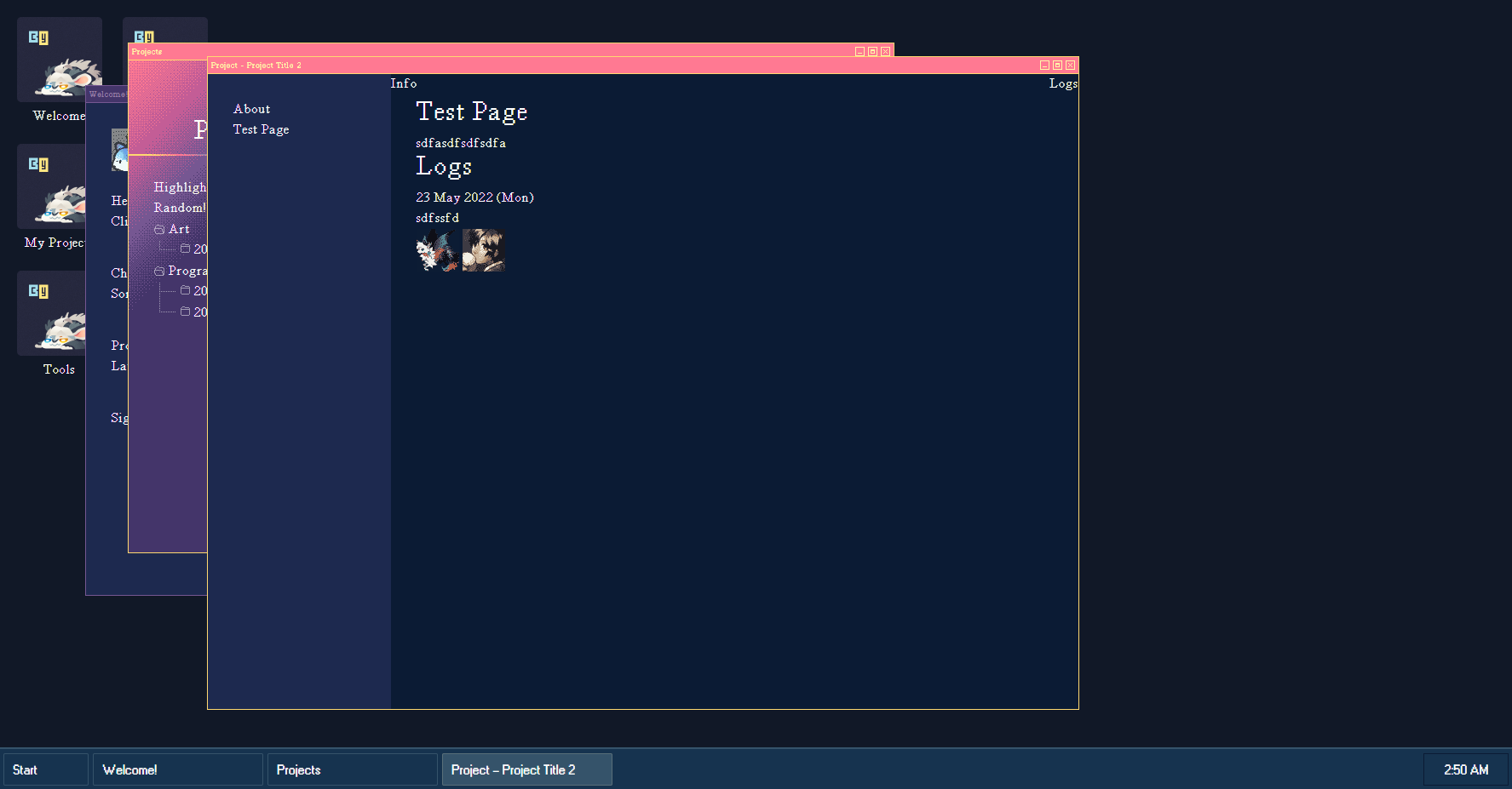 Screenshot of the desktop view of corow.net showing the project page filled with dummy data. It is only barely styled and quite ugly, due to having hastily been put together. It also shows images on the log, a new feature.