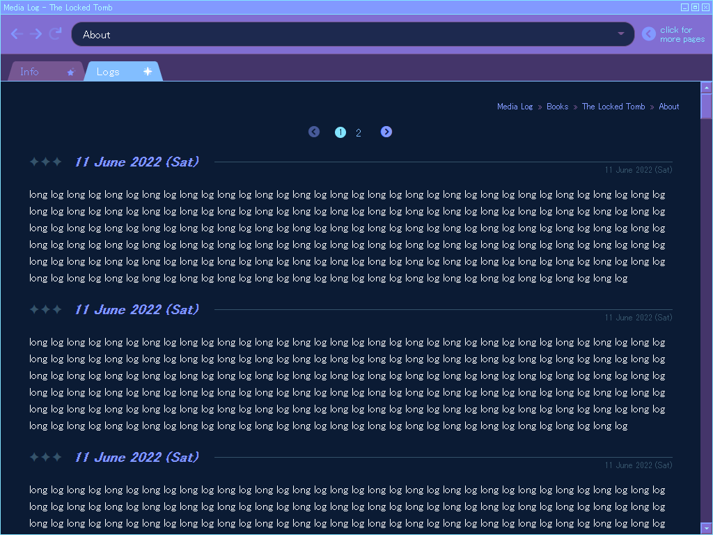 Screenshot of a testing window for media log entries. The colour scheme is blue and purple, and the logs are filled with dummy data. The layout has been updated since the last time this page was shown.