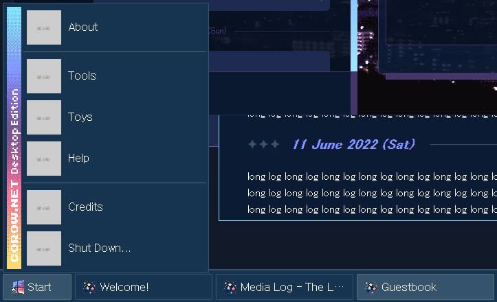 Screenshot of website's start menu and start bar, showing the layout and new icon graphics. The program icons are starry, and the start button icon features a window with stars. The start menu has a gradiented side strip that says "corow.net Desktop Edition", and the menu items have just placeholder images for now.