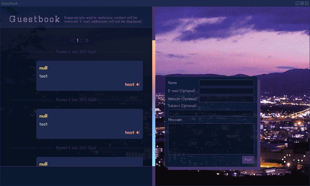 Screenshot showing the website's guestbook page with testing data. The first page of the guestbook has been completely filled and so there is pagination for older entries. The background image shows a lovely sunset from a mountain in Japan, overlooking Kyoto.
