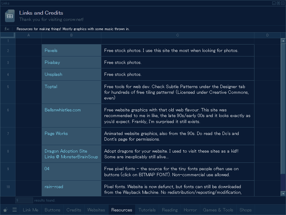 A screenshot of the links page layout, showing the Resources tab with links. It vaguely resembles the Google Sheets layout but in dark mode.