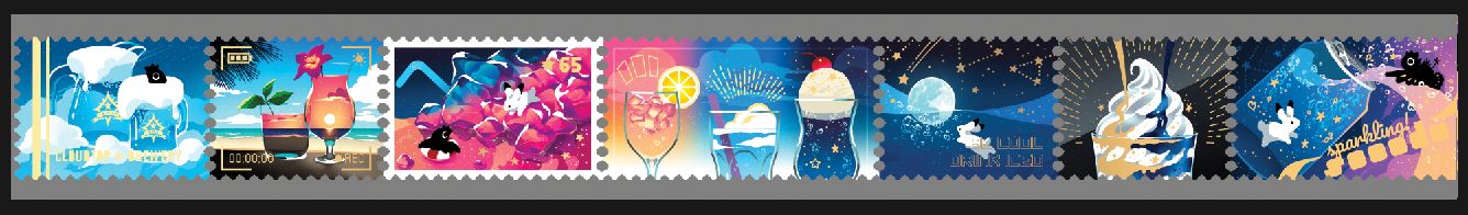 Artwork for some die-cut stamp washi tape, featuring (mostly) drinks in colours of the sky. The palette is predominantly blues, reds, and oranges, and features a small crow and rabbit in various situations.
