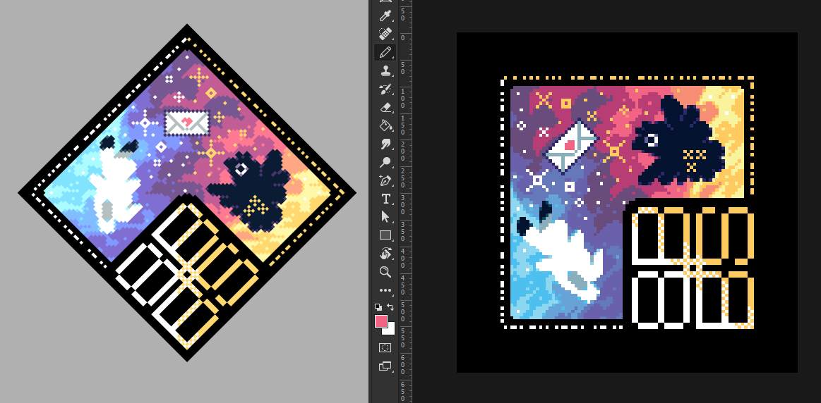Screenshots of the same pixel art drawing next to each other for comparison in RGB and CMYK respectively. The drawing features an arctic hare and raven excitedly beholding an envelope with a heart on it. The envelope is surrounded by sparkles, and the picture is backgrounded by a gradient of clouds from blue to purple to red to yellow. The picture is bordered in black with dots with the 8BBS logo at the bottom.