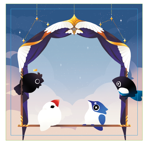Screenshot of square artwork for a sticky note pad. The image features a backdrop of pale orange clouds against a blue night sky, with a fancy bird perch acting as a frame for the writing area. The frame is held up with chains reminiscent of constellations, and is decorated with wings and curtains. Four round birds are perched on the frame: a 3-legged raven with a tiny floating crown, a white java finch, a kingfisher with a starry eye, and a magpie. The birds are looking towards the centre of the frame, which is lighter in colour and where someone would be expected to write their notes.