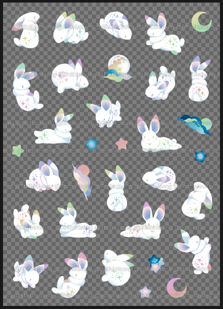 A screenshot of a sticker sheet with sparkly rabbit (arctic hare), moon and star stickers on it. Parts of the stickers have been given a rainbow gradient colouration to show where foil will be stamped.