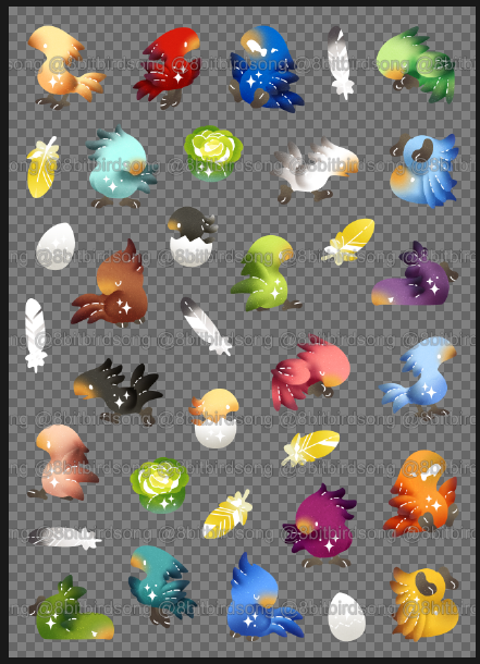 Screenshot of sticker sheet artwork featuring chocobos from Final Fantasy 14, in various colours. Parts of the drawing are in white to indicate the locations of where foil will be stamped on the stickers.