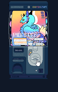An animated pixel art image of a gachapon machine in dark teal colours. There is a brightly coloured image covering the capsule area featuring a colourful bird-like creature, with the text "PIDGEONS" on it. On the top right of the machine is colourful text saying "corow.net". Under the capsule area, there is a price indicator that says "$0.00". A mouse cursor is placed over the handle of the machine. The handle of the machine is turning, causing the capsules to bounce with each half-turn, and every 2 half-turns, a pink and seafoam-coloured capsule falls out through the hole in the bottom left of the machine and bounces a couple of times. The animation then loops again.