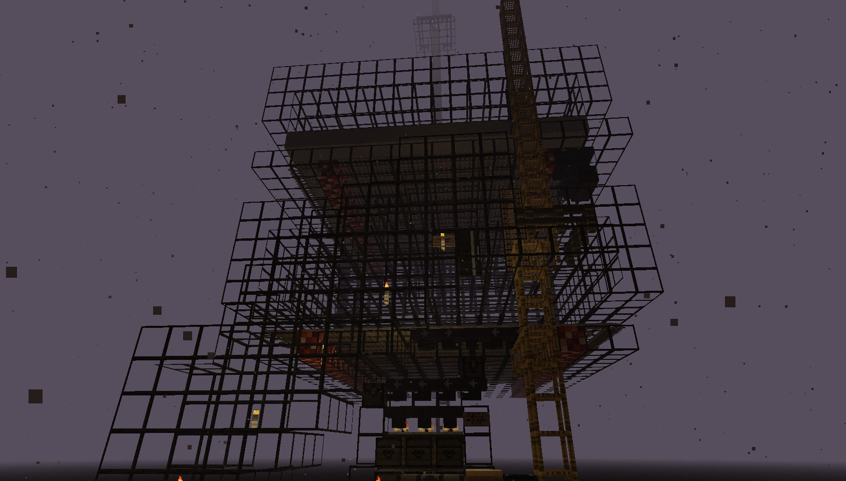 Screenshot of a farm build. The build is divided into 3 levels, with the bottom level containing a system of chests. The other two levels are not clearly visible, but the second level contains frogs, and the topmost is a simple platform. The building is covered in glass blocks, with some scaffolding blocks going up the side.