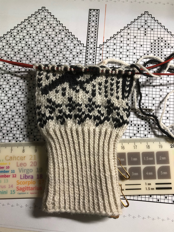 Photo of a knitting project on the needles on a desk. The knitted portion shows a ribbed cuff in neat vertical rows, with two rows of bird footprints above the cuff and an emerging pattern above that. Underneath the project is a white ruler with a design cheatsheet printed on it and the printed knitting chart itself.